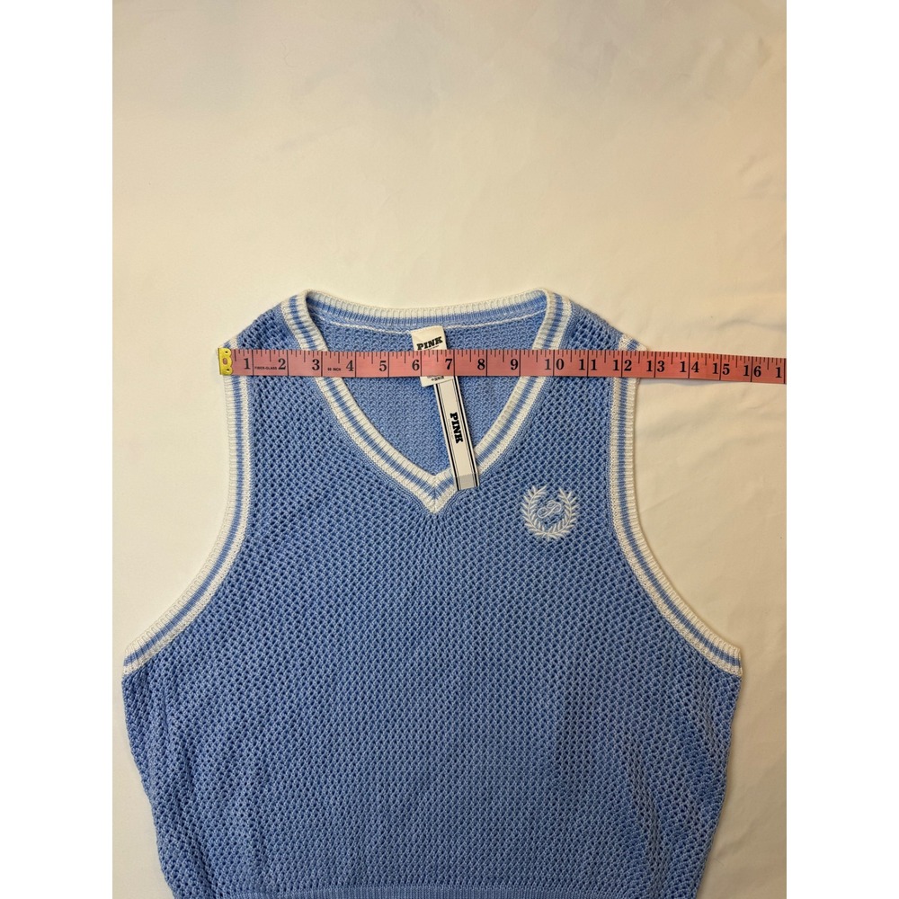 Victoria's Secret PINK Blue Open Knit V-Neck Sweater Vest Crest Logo NWT Medium - Picture 10 of 13